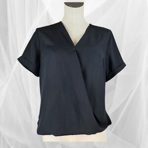 Japna Black Sheer Wrap Style Surplice Blouse Top Size Small V Neck Career